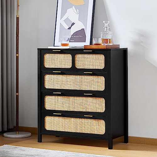 4 Drawer Dresser, Modern Rattan Dresser Chest with Wide Drawers and Metal Handles, Farmhouse Wood Storage Chest of Drawers for Bedroom, Living Room (Black-4 Drawers)