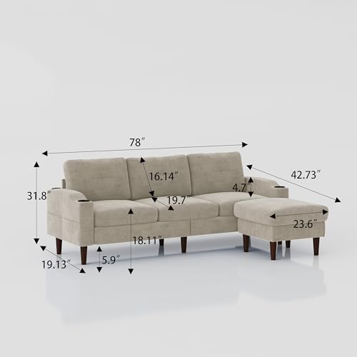 Modern Upholstered L-Shaped Sofa, Convertible Sectional Sofa Couch, 3 Seats L-shape Sofa Set for Home, Apartment, Dorm, Bonus Room, Compact Spaces (Light Grey)