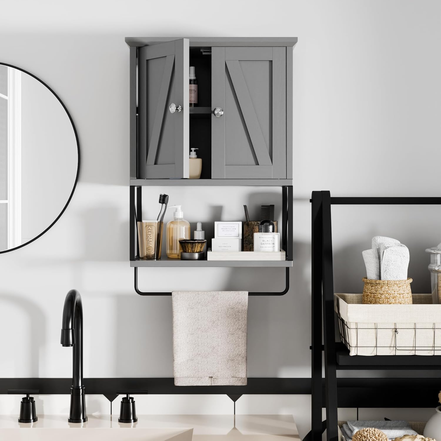 Shintenchi Wall Bathroom Cabinet, Medicine Cabinet with Removable Towel Bar, Wall Mounted Storage Cabinet with Adjustable Shelf, 3-Tier Small Toilet Cabinet, Gray