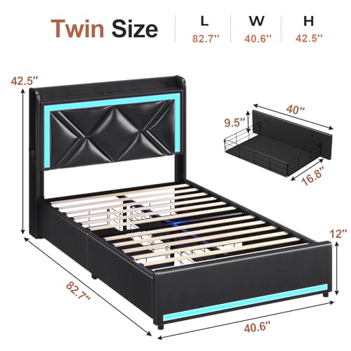 Queen Bed Frame with RGB LED Lights Headboard & USB-C/A Charging Station, Modern Upholstered Platform Bed with Storage Drawers, Heavy Duty Steel Slats, No Box Spring Needed, Dark Gray