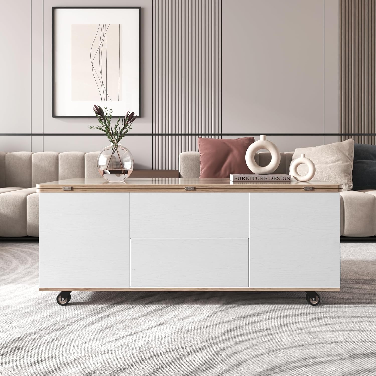 Lift Top Coffee Table with Wheels, Living Room Hub Console with Multi Storage Drawers & Hidden Compartment, Convertible into three modes, Ider for Small Space, White