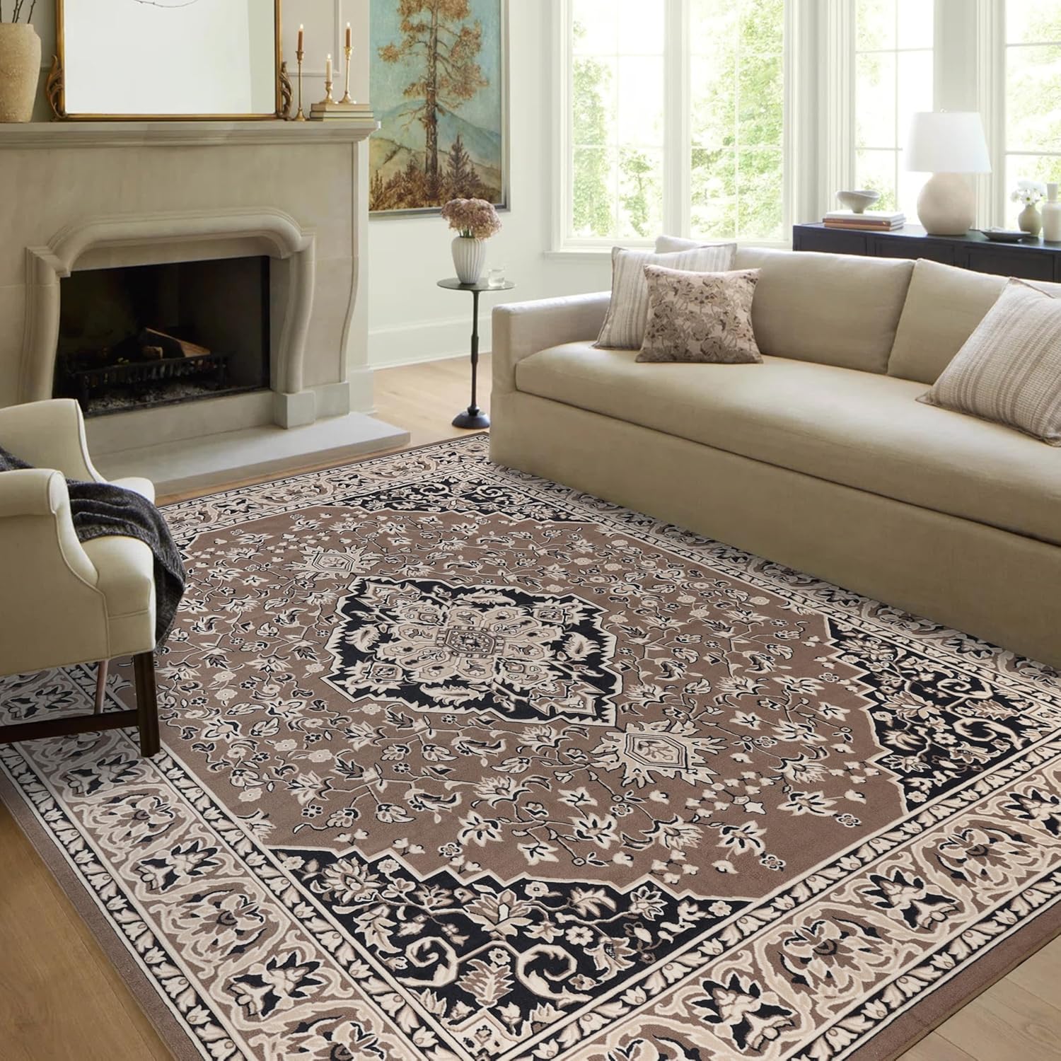 Superior Indoor Area Rug, Plush Carpet Cover, Traditional Oriental Medallion, for Kids or Pets, Hallway, Entry, Living Room, Dining, Bedroom, Office, Kitchen, Glendale Collection, 12' x 15', Brown