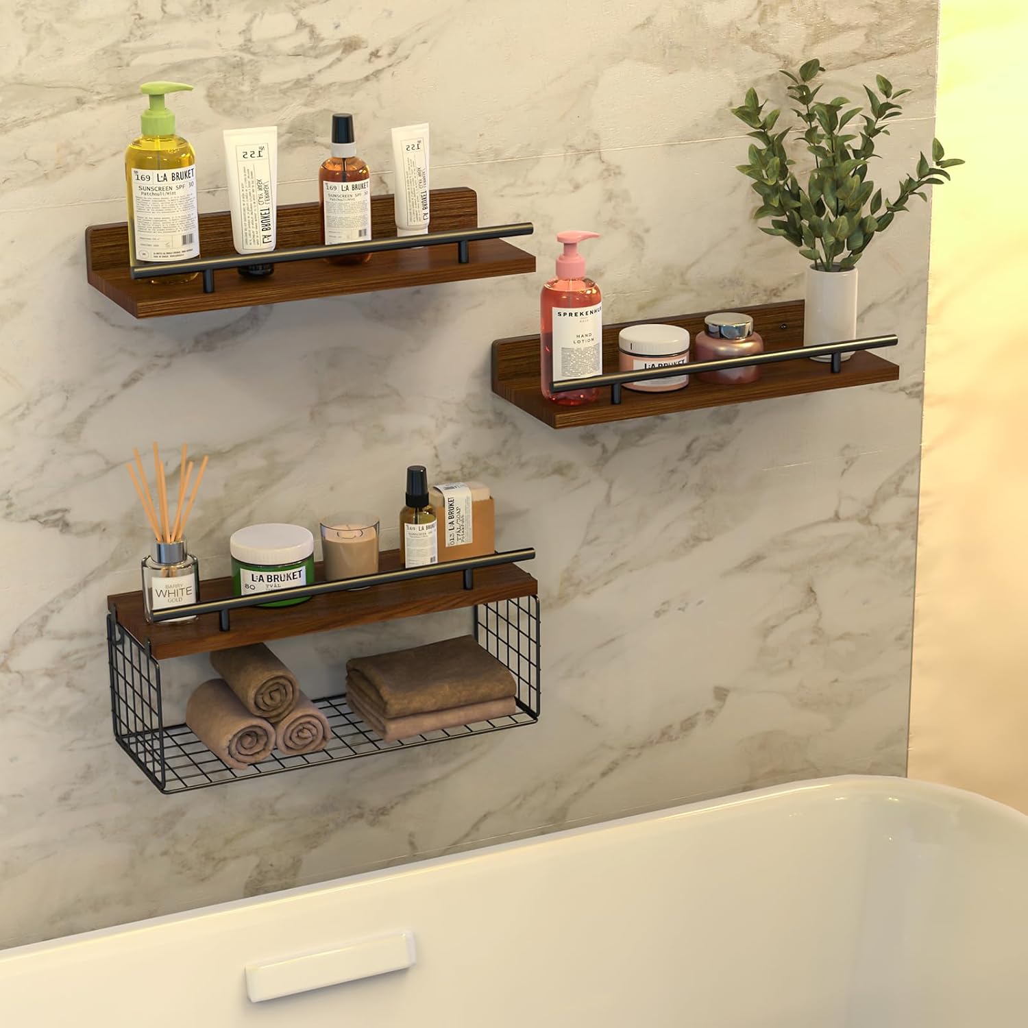 NiHome 3-Tier Floating Shelves with Storage Basket, Rustic Wood Bathroom Shelves Over Toilet with 3 Metal Guardrails, Wall Mounted Floating Shelves for Bathroom, Bedroom, Living Room, Kitchen, Office