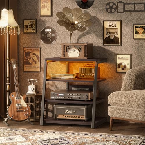 AV Media Stand with Outlets, Media Console with LED Lights, Stereo Racks and Stands with Storage Shelves, Media Audio Tower Cabinet, Rustic Brown