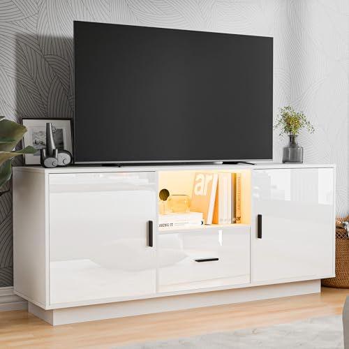 Cozy Castle LED TV Stand for 60/65 Inch TV, Modern TV Console with Storage, White Entertainment Center with High Gloss, TV Console Table for Living Room, Bedroom, White