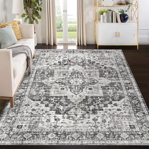 8x10 Area Rug Machine Washable Rug Traditional Distressed Rug Indoor Floor Cover Vintage Medallion Carpet Rug Stain Resistant Non-Slip Accent Rug for Living Room Bedroom, Blue