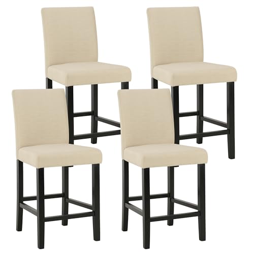 GOTMINSI Classic 24 Inches Counter Height Stools Upholstered Bar Stools with Solid Wood Legs Set of 4(Fabric Beige)