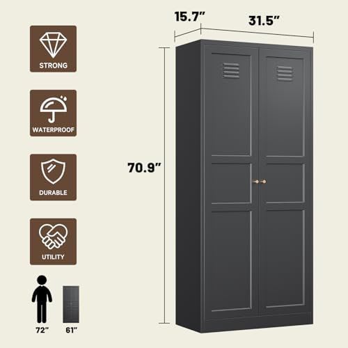 Kitchen Pantry Storage Cabinet, Metal Kitchen Pantry Cabinet with 2 Doors and Adjustable Shelves Kitchen Storage Cabinet for Dining Room,Living Room, Laundry(Black)