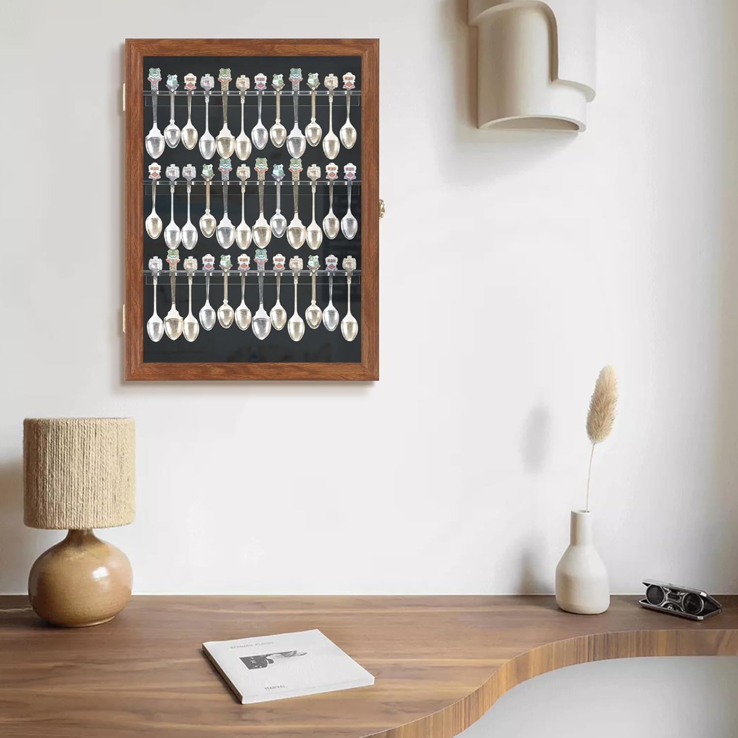 36 Souvenir Tea Spoon Solid Wood Display Case Rack Cabinet with Glass Door Walnut Finish