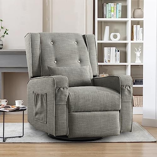 360° Nursery Swivel Recliner Chair Manual Swivel Rocker Recliner Chair Overstuffed Wingback Glider Chair w/Side Pockets/Cup Holders (Blue Gray)