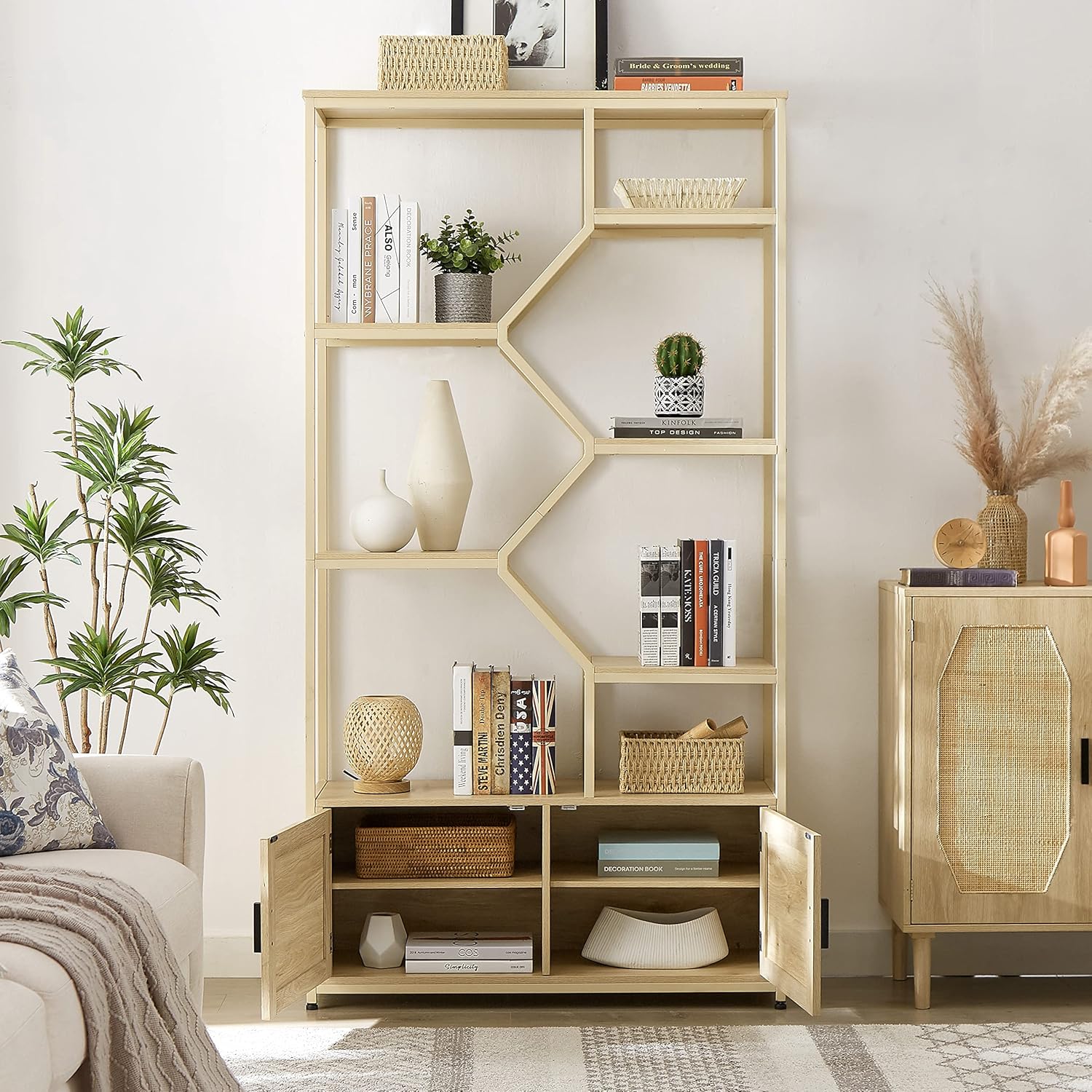 Stylish Bohemian Rattan Bookcase-7 Open Shelves and 1 Storage Cabinet,Storage Bookcase for Books,Cds,Rattan Furniture for Living Room/Home/Office