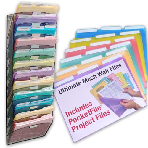 Ultimate Office Mesh Wall File Organizer, 15 Tier Vertical Mount Hanging File Sorter. Multipurpose Display Rack Includes 18, 3rd Cut PocketFile Clear Document Folder Project Pockets (Black)