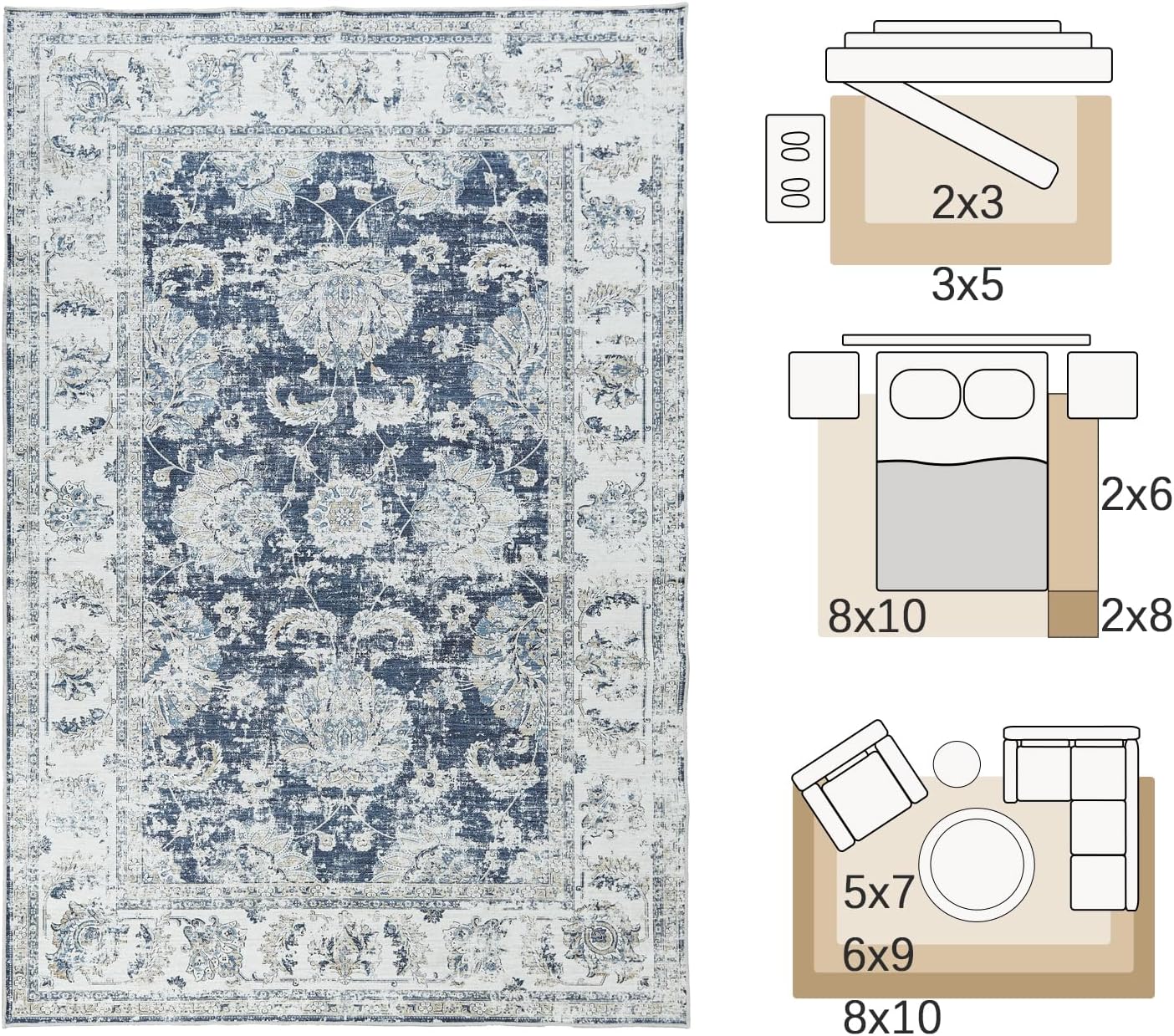 jinchan Washable Area Rug 6x9 Low Pile - Living Room Rug Dark Blue Floral Print Stain Resistant Large Rug - Indoor Distressed Boho Carpet Ultra-Thin Non-Slip Rug Bedroom Dining Room Office Farmhouse