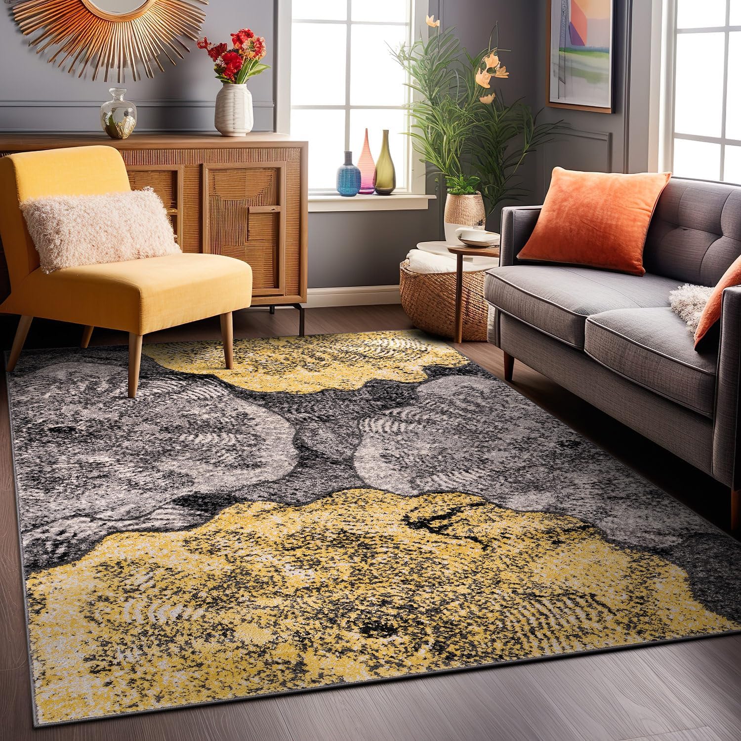 Rugshop Contemporary Floral Design Non Shedding Soft Ideal for Living room,Bedroom,Kitchen Area Rug 5' x 7' Yellow