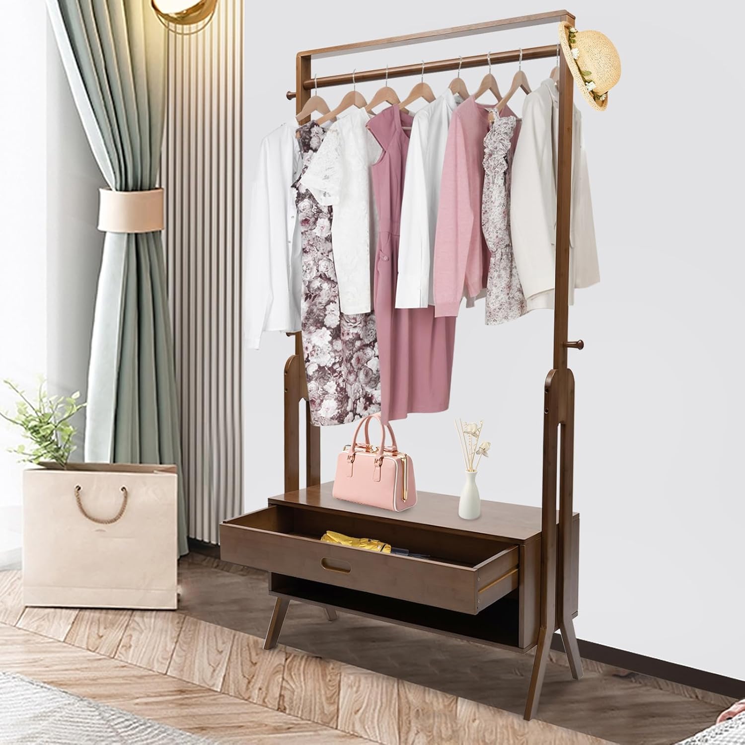 Retro Bamboo Garment Rack 32.9 × 13 × 66.7 Inch Vintage Bamboo Garment Rack Vintage Freestanding Closet Organizer with Drawer Coat Display Rack for Bedrooms