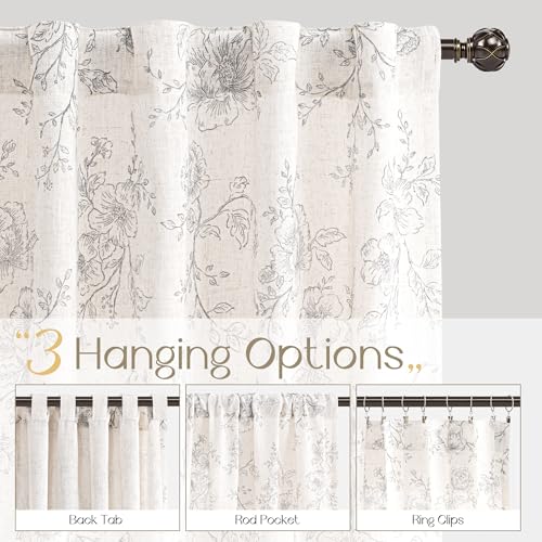 Vintage Floral Curtains 102 inches Long for Living Room Grey Patterned Curtains Sketch Print Burlap Textured Farmhouse Country Curtains Shabby Chic Back Tab Linen Floral Drapes for bedroom 102 Length
