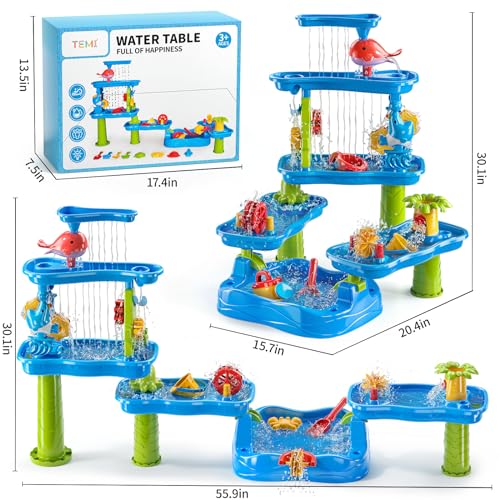 TEMI Toddler Water Table for Kids 3 4 5 6 7 8 Years Old, Rain Showers Pond Sand Water Table, 3-Tier 4 Areas Outdoor Sensory Table for Toddlers 3-5, Beach Summer Outside Toys for Age 3-8