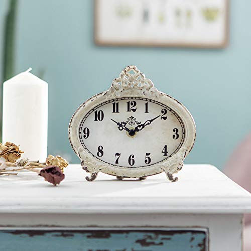 NIKKY HOME Vintage Table Clock, Battery Operated Rustic Design, Chic Home Décor for Fireplace Mantel, Shelf, Desktop, Countertop - Distressed White