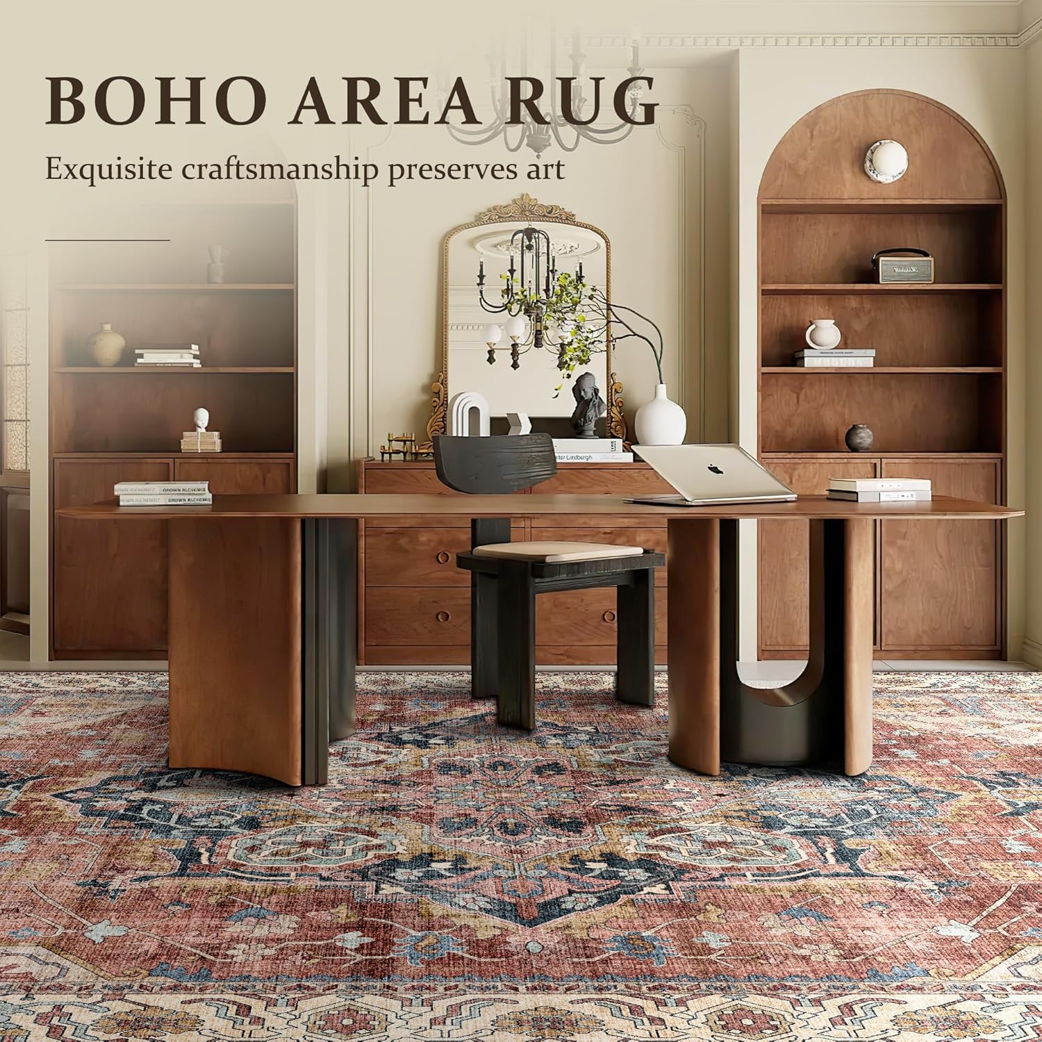 Boho Area Rug 8x10 Large Rug for Living Room Bedroom Office Kitchen Dining Room Non-Slip Soft Low-Pile Vintage Rug Bohemian Washable Large Rugs for Bedroom, Brickred