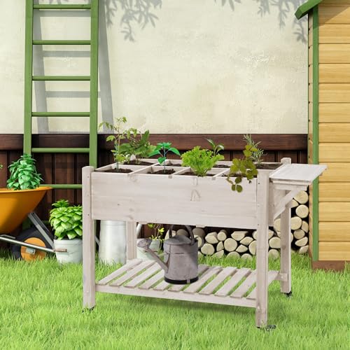 Outsunny Raised Garden Bed with 8 Grow Grids, Wooden Outdoor Plant Box Stand with Folding Side Table and Wheels, 49