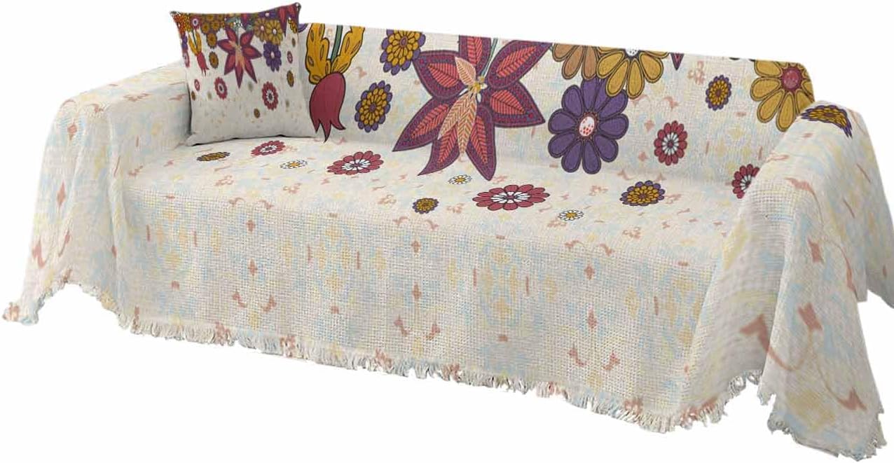 Boho Sofa Cover Couch Covers for 3 Cushion Couch Throw Couch Cover with Tassel Soft Sofa Slipcover Vintage Daisy Flowers Texture Leaves on Burlap Couch Furniture Protector for Dog Pet 71