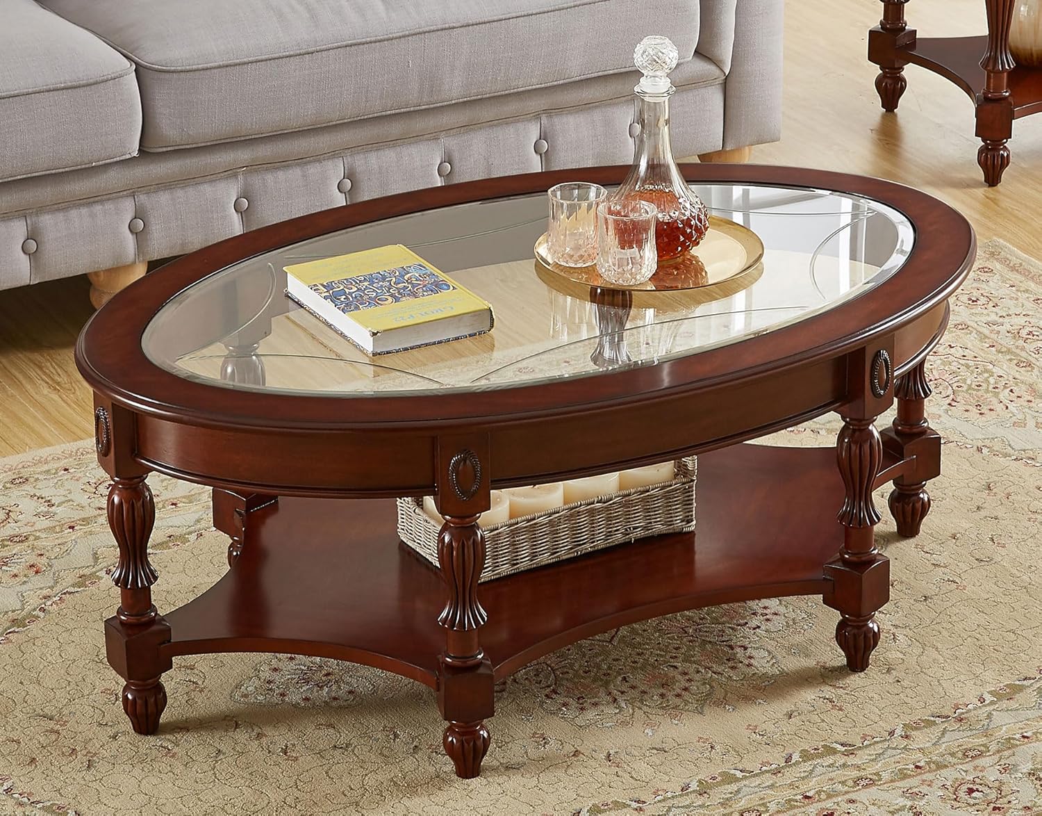 Oval Glass Coffee Tables, Traditional Solid Wood Coffee Table with Storage Shelf, Oval Cocktail Table for Living Room