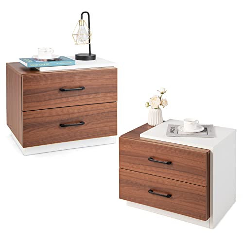 LOKO Modern Nightstands Set of 2, Wooden Bedside Table with Unique Framed Design, Multifunctional Night Stand End Table with 2 Drawers for Bedroom, 21.5 x 16 x 18 inches (2)