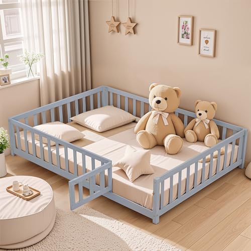 Anwick Full Size Floor Platform Bed with Fence and Door for Kids, Montessori Floor Bed Frame with Support Slats for Toddlers,Kids, Boys and Girls, Wooden Floor Bed (Natural)