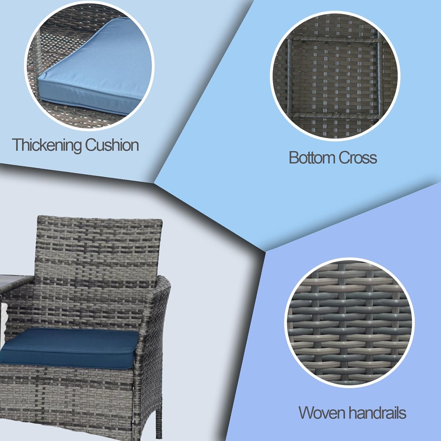 Rattan small patio set for 2，Comfortable Outdoor Seating for Gardens and Backyards，Ideal for Small Spaces,Apartment Balconies,outdoor furniture sets，front porch chairs (Grey-Blue), QRY001