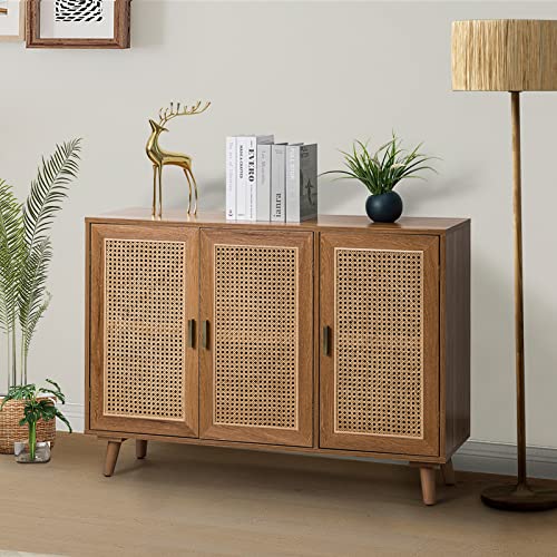 HULALA HOME Boho Accent Storage Cabinet with 3 Natural Rattan Doors & Wood Legs, 2-Tier Shelf Sideboard Buffet Cabinet