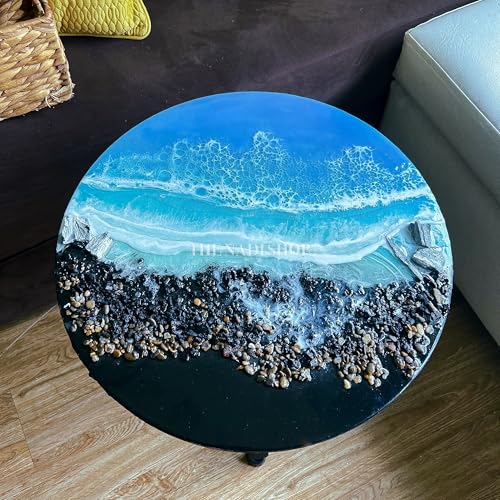 epoxy resin coffee table beach house end table ocean themed nightstand epoxy end table with metal legs blue coffee table (18 inch)
