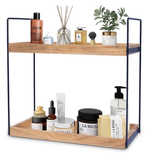 2 Tier Bathroom Countertop Organizer Lightly Lacquered to Resist Water and Stains - Easy to Assemble-Tray Standing Decore Bathroom Organizer and Kitchen Spice Rack (Natural Wood)