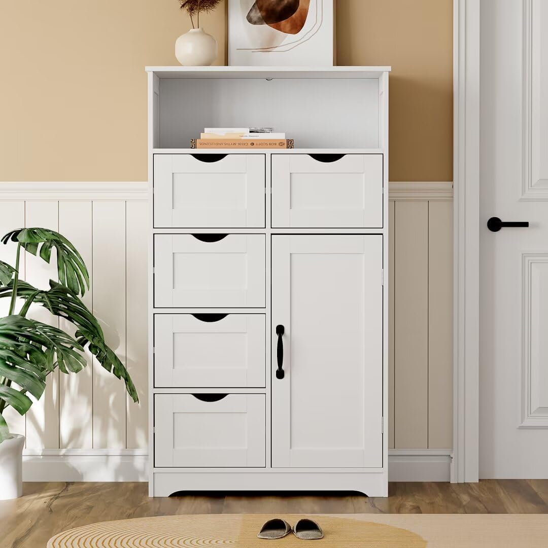 63''H Modern White Wooden Storage Cabinet with Five Drawers and One Doors,Free-standing Cupboard for Kitchen/Living room/Bathroom Use, White