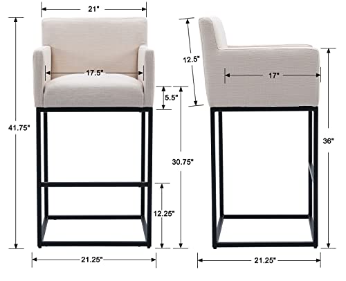 Modern Counter Height Bar Stools Set of 4, Linen Fabric Upholstered Bar Stools with Backs, 30 Inch Kitchen Island Stools with Black Metal Frame, Cream