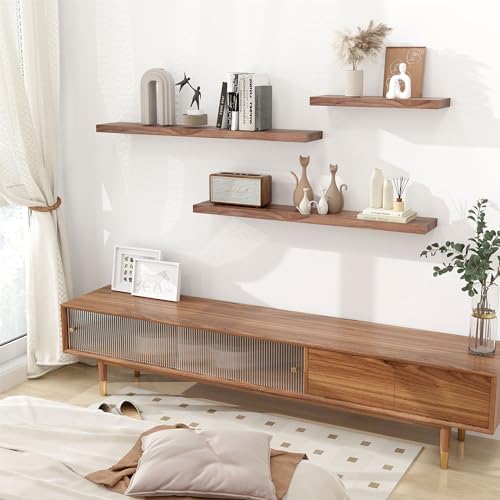 Axeman 36 Inch Floating Walnut Wooden Shelves, Rustic Solid Walnut Wall Mounted Shelves Set of 2, Wood Floating Wall Shelves for Bedroom Living Room Bathroom, Natural