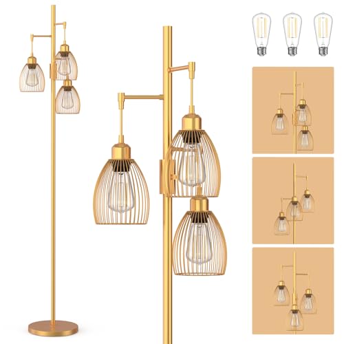 Boho Rattan Floor Lamp - Standing Lamps for Living Room 70'' Dimmable Floor Lamp with Cage Shade, Industrial Farmhouse Floor Lamps Rustic Floor Lamps Vintage Lamp for Living Room Bedroom Office