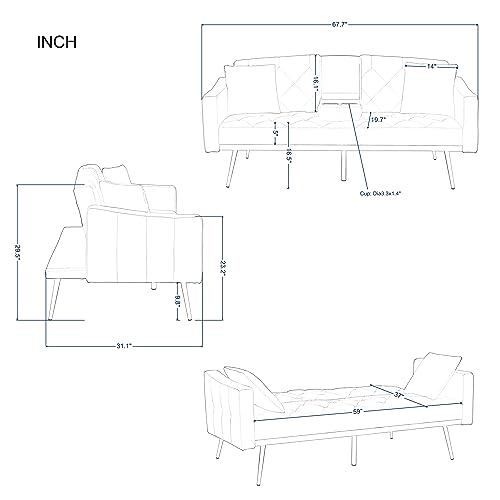 Tufted Upholstered Futon Sofa Convertible Sleeper Couch Bed Daybed Loveseat,Folding Recliner with 2 Cup Holders,Removable Soft Pillow-Top Armrest,3 Angles for Living Room Small Place