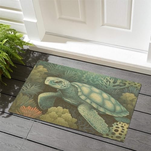 Nautical Beach Ocean Theme Underwater Turtle Indoor Doormat Coir Fiber Outdoor Door Mats for Outside Entry Under The Sea Blue Coastal Doormat Couple Gifts Farmhouse Entry Garage Home Décor 16x24in