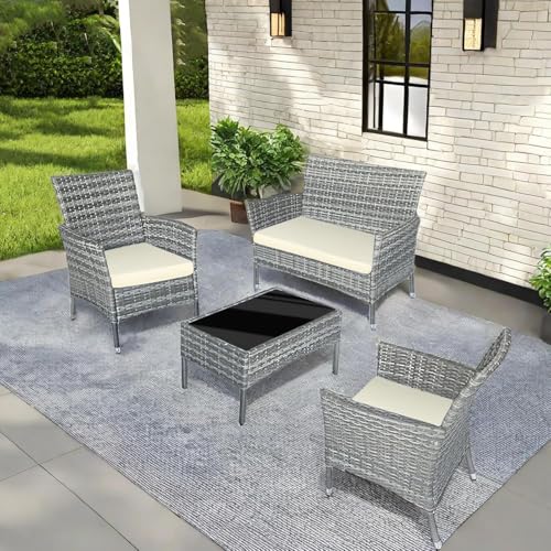 Outdoor 4-Piece Patio Furniture Set, Rattan Patio Set Wicker Furniture Conversation Set with Cushioned Chairs & Sofa - Perfect for Garden, Poolside, or Backyard Entertaining (Brown-Deep Blue)