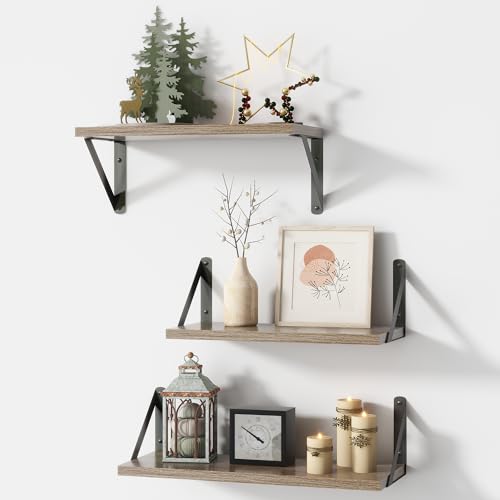 White Floating Shelves Set of 3 with Black Bracket, Wooden Wall Book Shelves, Wall Mounted Bathroom Shelves, Modern Storage Shelf Bathroom Organizer, Living Room, Kitchen, Office (16.5 inches Long)