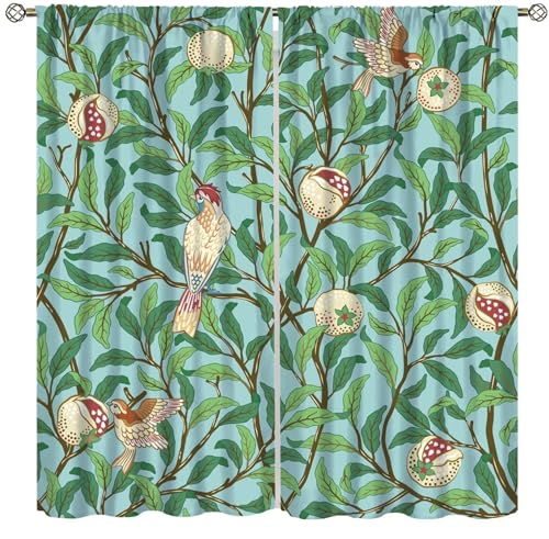 Vintage Botanical Blackout Curtains, William Morris Pomegranate Birds Boho Flower Retro Floral Tree Window Treatments Drapes for Bedroom Living Room Set 2 Panels,52x84 Inches