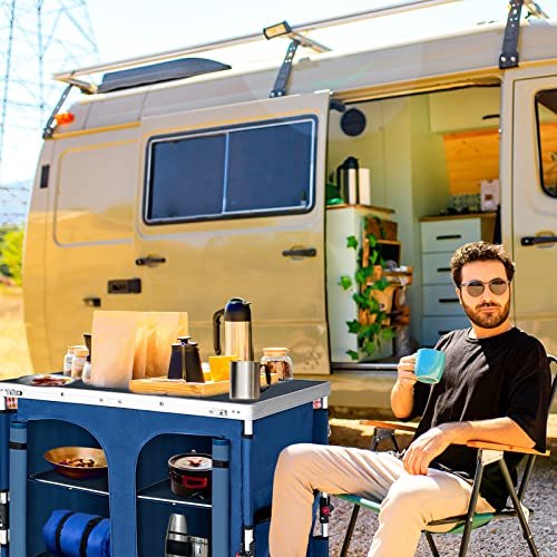 EAGLE PEAK Outdoor Folding Camping Table with Large 3-Tier Storage Organizer and Side Pockets, Easy Set Up Portable Aluminum Camping Kitchen, Beige