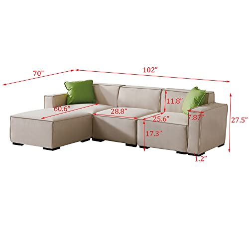 Modular Sectional Sofa L-Shape with Convertible Ottoman Chaise, Comfy Modern Upholstered Cushion Modular Sofa Couch with Wooden Legs and 2 Pillows for Living Room, Apartment and Small Space, Beige