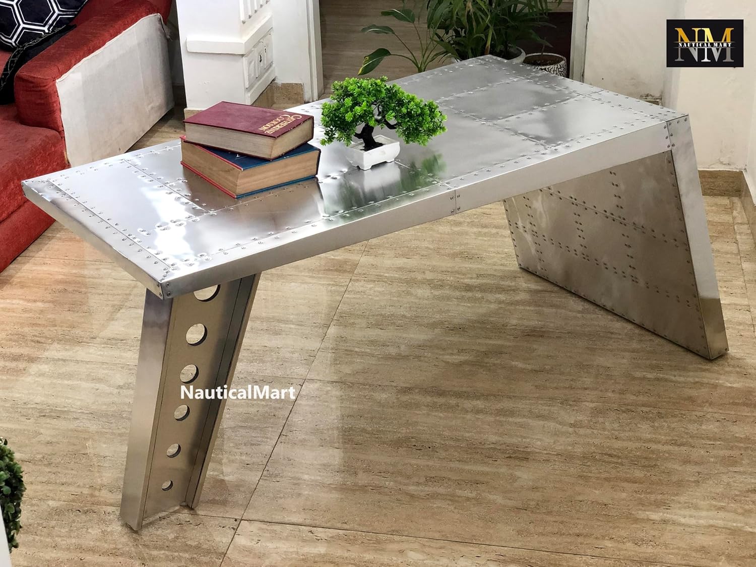 NauticalMart Airfoil Desk Aluminum | Aviator Wing Desk Industrial Airplane Desk Furniture Silver Aviation Furniture