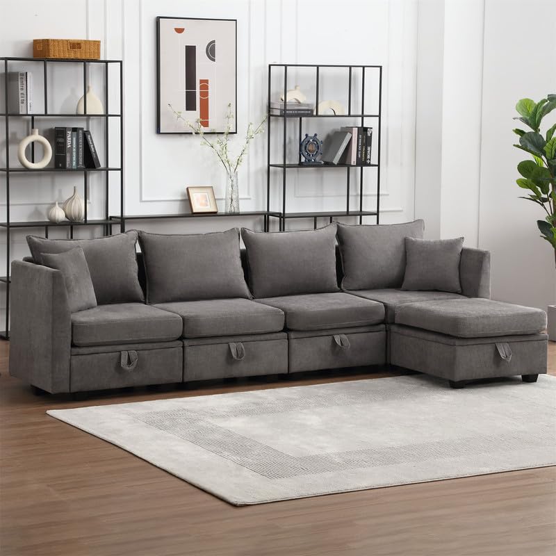 Sectional Couches for Living Room, Convertible Sectional Sofa Couch with 2 throw Pillows and Storage Space, 5-Seat Small Sectional Couch for Small Space, Apartments, Studio, Office, Grey