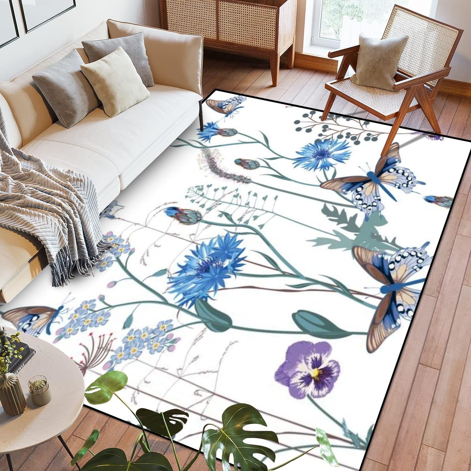 Area Rug Cornflower viola forget me flowers butterfly herbs Floral seamless Washable 6x9 feet Large Rugs for Bedroom Kitchen Living Room Non Slip Outdoor Carpets Soft Mats for Home Playroom Decor
