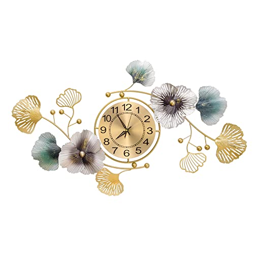 Large Wall Clock for Living Room Decor,3D Gold Metal Ginkgo Leaf Wall Clock,35.8 Inch Modern Luxury Art Design Clock for Bedroom, Office,Home