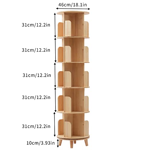 Rotating Bookshelf, 5 Tier Solid Wood 360 Display Floor Standing Bookcase Storage Rack, Free Standing Wood Bookcases for Kids&Adults Multi-Functional Bookshelf Organizer(5 Tier)