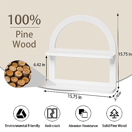 2 Tier Natural Arched Wall Shelf, Pine Wood Fan-shaped Nursery Floating Shelf, Cute Boho Shelf for Neutral Nursery Decor, Arched Bookshelf for Storage, Wooden Decorative Shelf for Home & Office, White