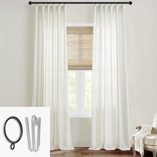 SHINELAND 96 Inches Long Linen Curtains for Living Room Window 2 Panel Set,Sheer Semi Light Filtering Back Tab Pleated Curtain with Hooks Rings,Cream